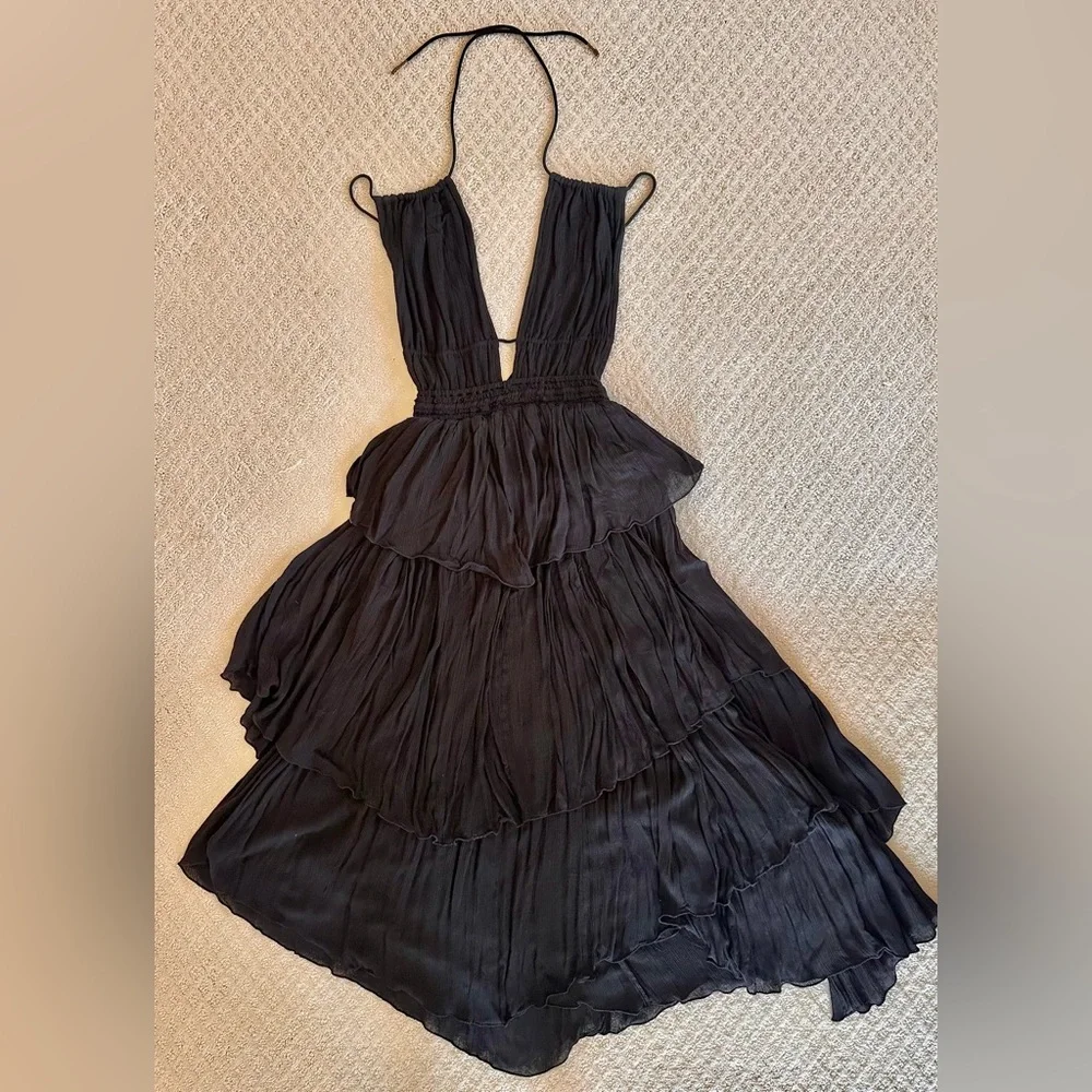 Free People Black Boho Maxi Dress Smocked Waist Short Sleeve Size S - Picture 3 of 8